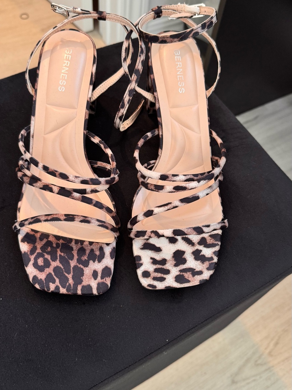 Fashion Nova Leopard Print Strappy Ankle Strap Heels in Beige/Black